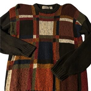 Duplex Men's Multicolor Plaid Crewneck Sweater - Black with Red & Tan Accents lg
